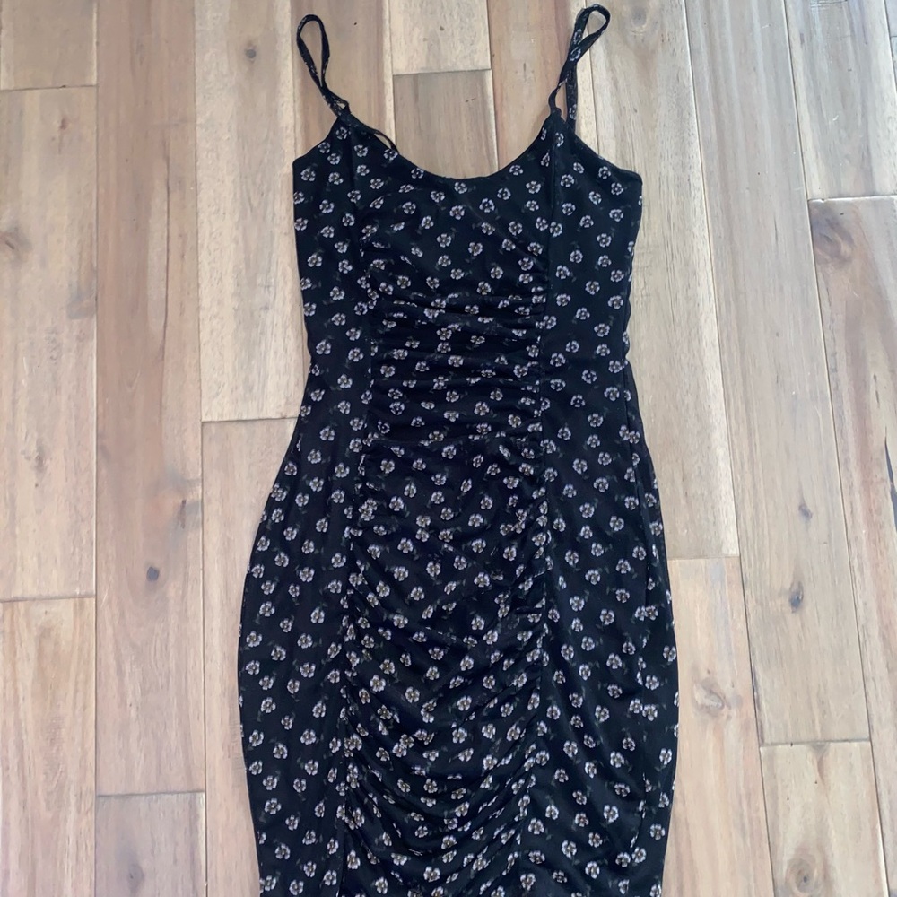 Black Floral Ruched Mini Dress